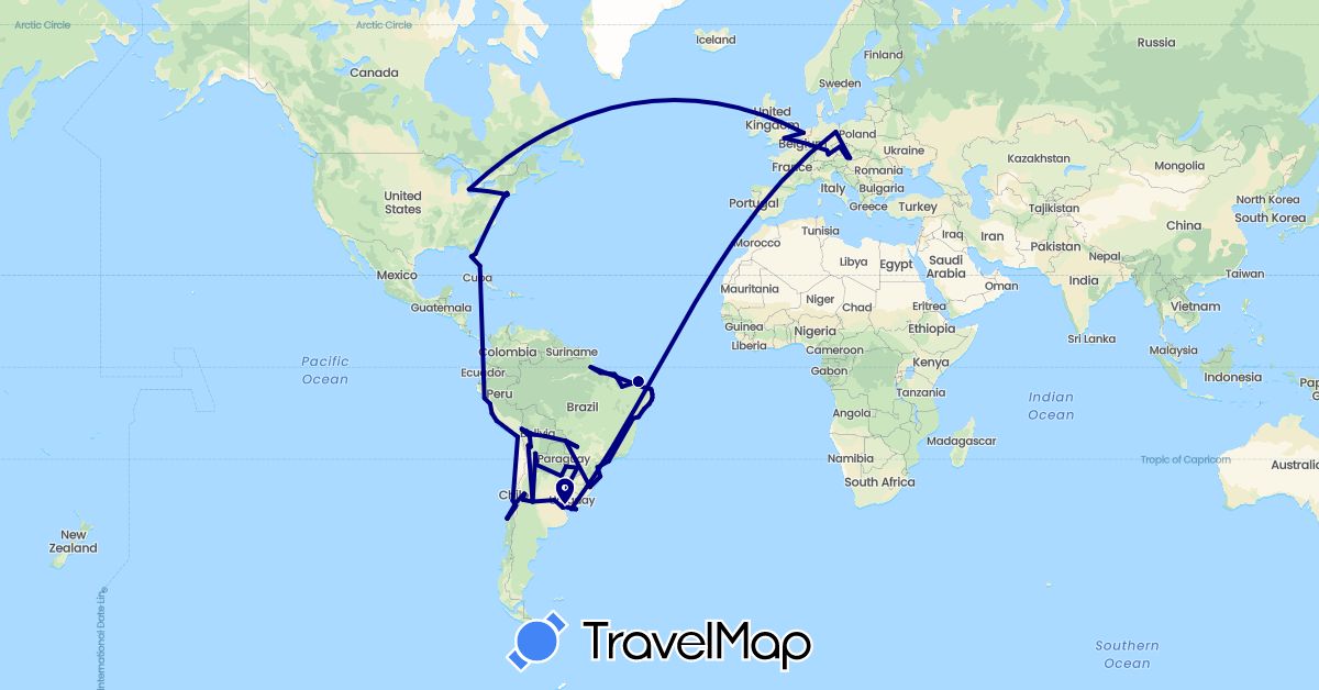 TravelMap itinerary: driving in Argentina, Austria, Bolivia, Brazil, Chile, Czech Republic, Germany, United Kingdom, Netherlands, Peru, Paraguay, Slovakia, United States, Uruguay (Europe, North America, South America)
